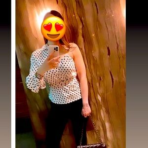 One shoulder poka dot top